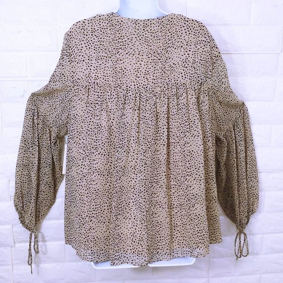 NWT Halston Animal Print Romantic Poet Blouse BabyDoll Top -XL Balloon LSL Beige - Picture 11 of 12